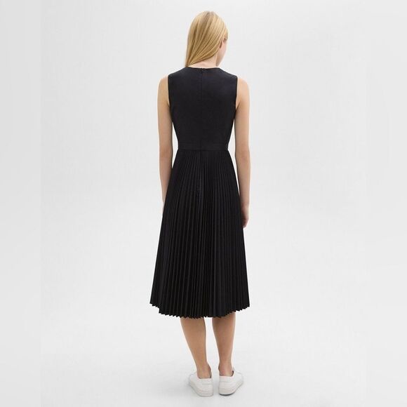 Theory NWT Pleated Midi Dress in Sleek Poplin Black Size 4 MSRP $495 - Picture 5 of 9